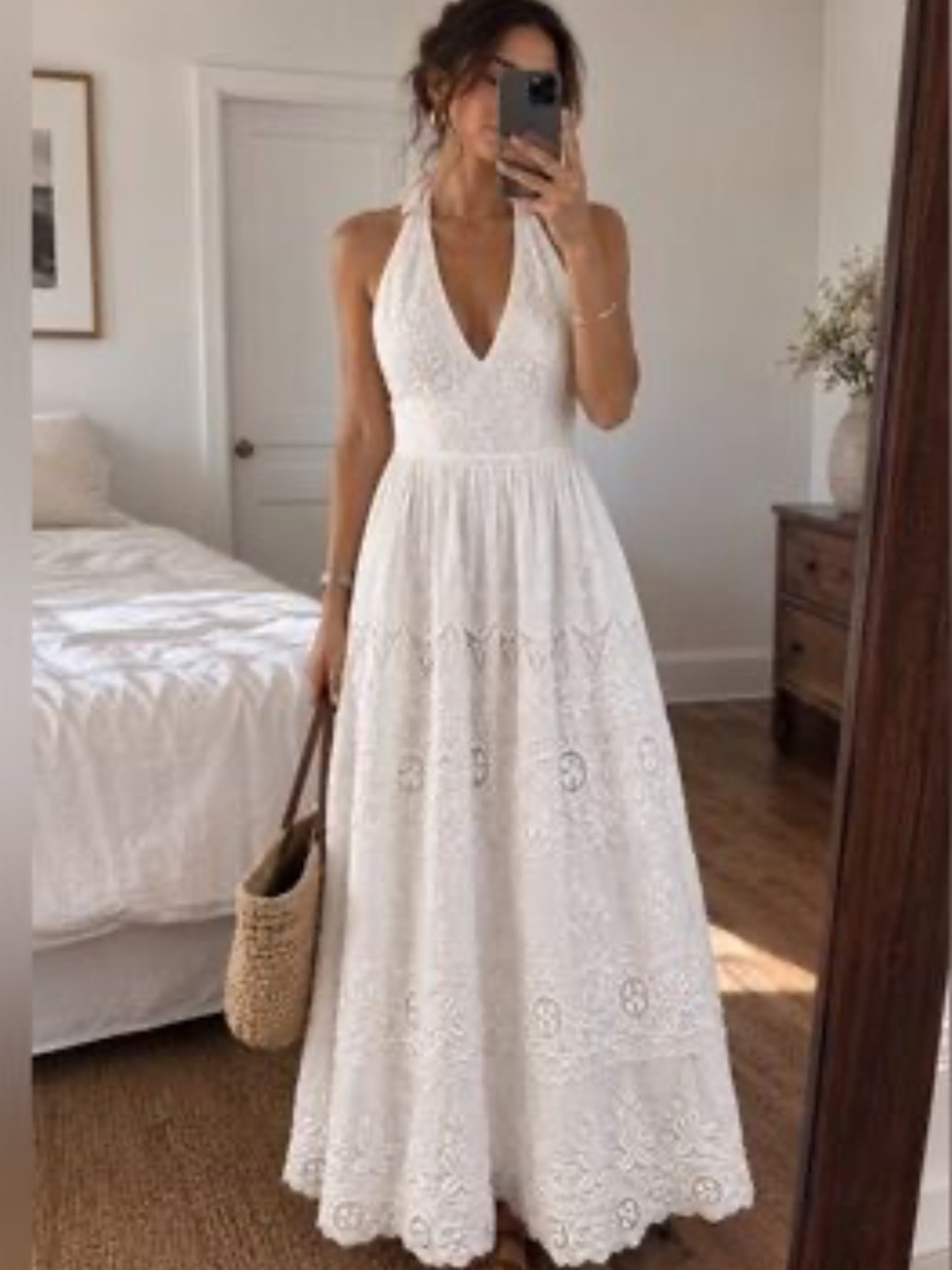 Caroline Constas White Halter Lace Maxi Dress